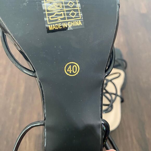 Black Glitter Iridescent Glam Square Open Toe Block Heel Lace Up Sandals US 9.5 - Picture 7 of 8